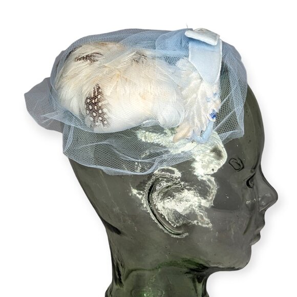 Vintage Light Blue with Feathers & Net Pinch Hat - Picture 1 of 9